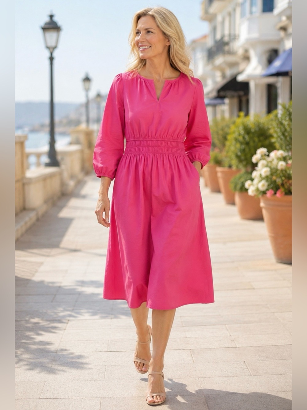 Talbots Cotton Azalea Pink Poplin Smocked Waist Midi Dress Pockets 8 Petite